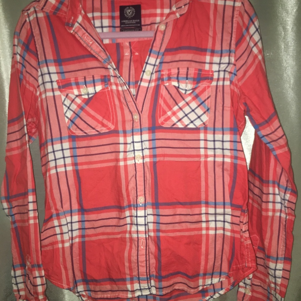 Plaid shirt orange white blue American eagle